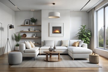 Spacious modern living room with sectional sofa and fireplace