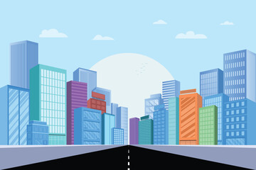 Cityscape with light blue sky and clouds. Modern city skyscrapers, cityscape buildings, and a road in the middle.