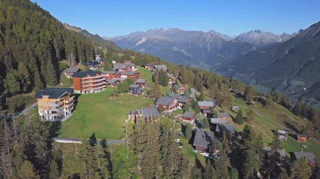 Aerial view of Riederalp, car free mountain village in Valais, Switzerland.