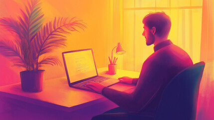 Man working on a laptop at home illustration