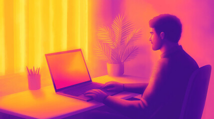 Man working on a laptop at home illustration