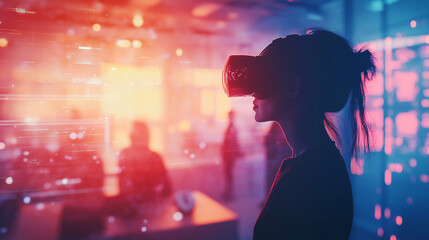 Woman in VR metaverse, data bright colours abstract 