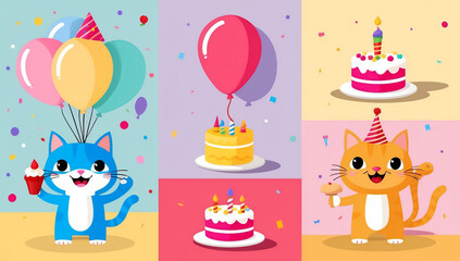 Obraz premium cute cartoon cat with cake, birthday flat design illustration