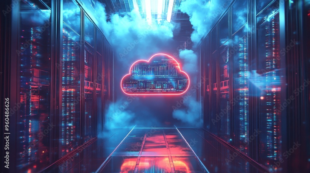 Poster futuristic cloud computing and data storage server room