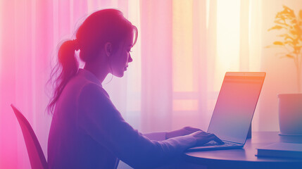 Woman working on a laptop at home illustration