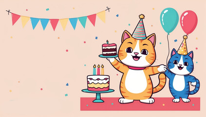 cute cartoon cat with cake, birthday flat design illustration