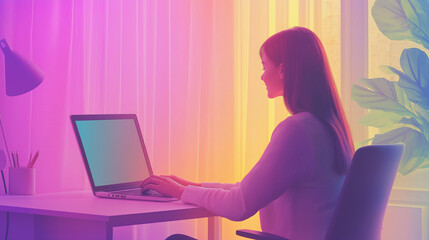 Woman working on a laptop at home illustration