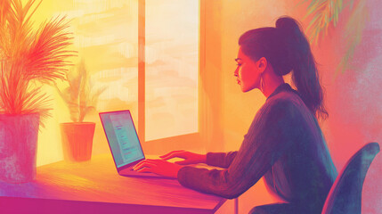 Woman working on a laptop at home illustration