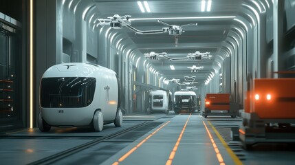Obraz premium Futuristic Autonomous Vehicle Hub in a High-Tech Tunnel