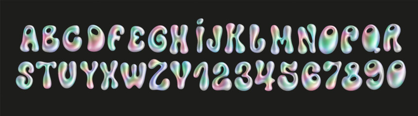 Holographic liquid font in y2k style isolated. Realistic metal neon inflated iridescent alphabet and numbers with rainbow effect.