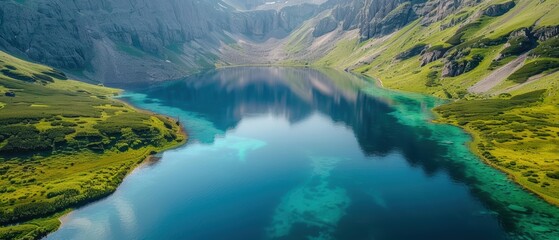 Fototapeta premium Tranquil Mountain Lake Reflections - Aerial View of Serene Nature Landscape with Clear Water Reflections