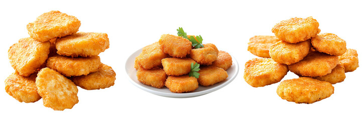 Set of Bunch of crispy chicken nuggets stacked together on transparent background