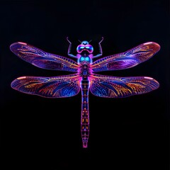 Neon Dragonfly with Radiant Wings Flying Against a Black Background