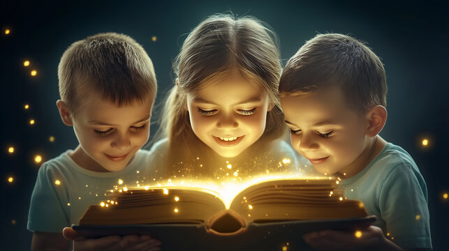 Magical child reading a book with glowing light, enchanted story time, young boy discovering the wonder of imagination and adventure, fantasy, magic sparkles, children’s literature