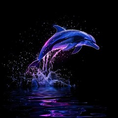 Neon Dolphin Leaping from Glowing Ocean on Black Background