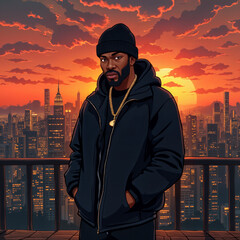 Rapper in Cityscape at Sunset