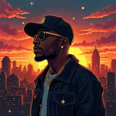 Rapper in Cityscape at Sunset