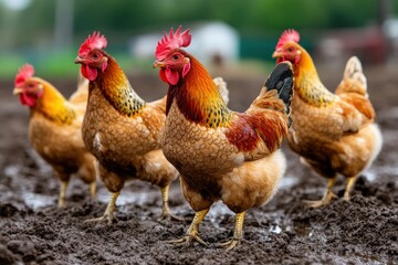 Fototapeta premium Several chickens gathering on a muddy farm field, showcasing their natural behaviors and rural environment, highlighted by vivid and bright daylight for a fresh appeal.