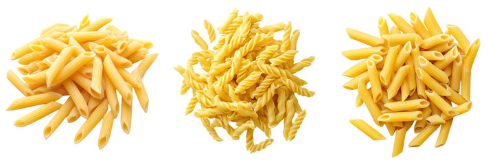 Fototapeta premium Set of Close up of various types of raw Italian pasta, including spaghetti, penne, and fusilli Isolated on Transparent Background