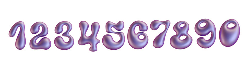 Holographic liquid number in y2k style isolated PNG. Realistic 3d metal neon inflated iridescent numbers.