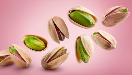 Falling pistachio isolated on white background, full depth of field on pink background