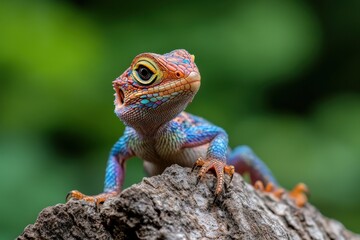 Obraz premium A brightly colored lizard with a mix of blue, green, and orange hues perched on a tree branch, its head raised, set against a lush green background.