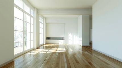 Fototapeta premium Empty bright room with white walls and wooden floor after renovation. Bright sunlight through large windows, shadows on walls. For decoration and design. Minimalistic style. Copy space.