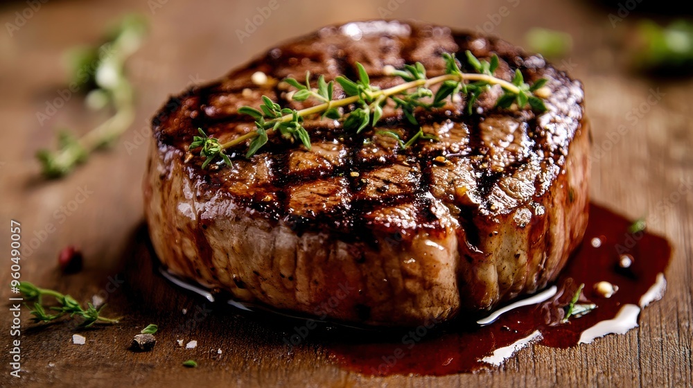 Wall mural A perfectly seared steak garnished with fresh herbs rests on a wooden board, inviting diners into a warm, flavorful culinary experience