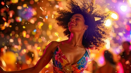 Naklejka premium Joyful Woman Dancing at a Vibrant Music Festival