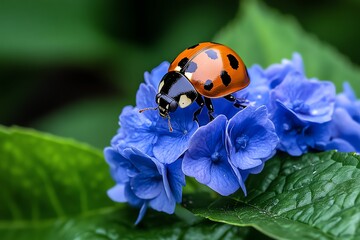 Fototapeta premium Ladybugs on hydrangeas, spotted backs, garden guardians help control pests naturally