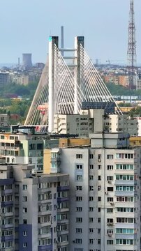 Aerial drone view of buildings around the Basarab Overpass bridge in Bucharest, Romania. Vertical
