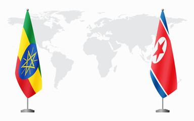 Ethiopia and North Korea flags for official meeting against background of world map.