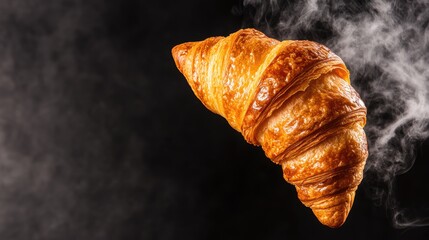Freshly baked croissant with steam rising against a stylish backdrop in an artistic food display