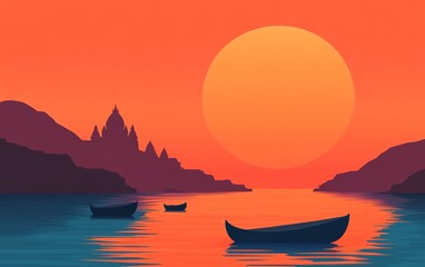 Naklejka premium Silhouette of boats on a lake at sunset with a large sun and mountains in the background.