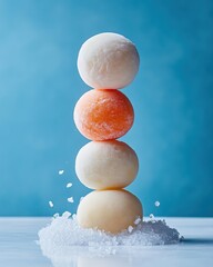 Stacked Frozen Mochi Balls on Ice  Blue Background