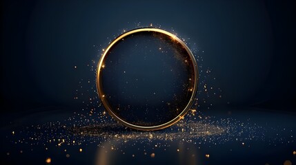 Abstract modern luxury dark blue circle shape and golden ring with gold glitter ribbon lines on dark background 