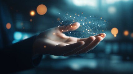 Hand Holding Abstract Digital Network of Connected Nodes