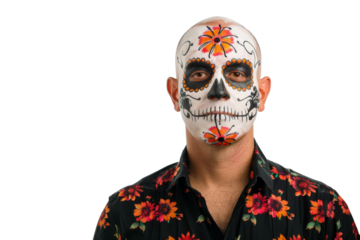 Portrait of a man with halloween horror makeup for the day of the dead festival, his face contorted in a frightening expression, isolated on a transparent png background