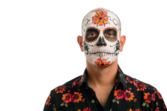 Portrait of a man with halloween horror makeup for the day of the dead festival, his face contorted in a frightening expression, isolated on a transparent png background