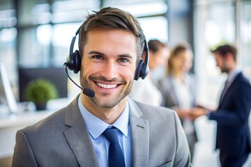 Smiling businessman wearing headset in office setting