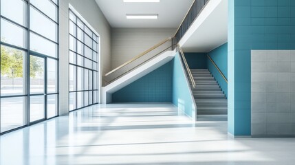 Creative light concrete tile interior with stairs and mock up place on wall. School hallway and corridor concept. 3D Rendering