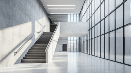 Obraz premium Creative light concrete tile interior with stairs and mock up place on wall. School hallway and corridor concept. 3D Rendering