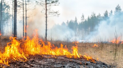 Dramatic forest fire raging through towering pine trees as thick smoke fills the sky and flames illuminate the landscape