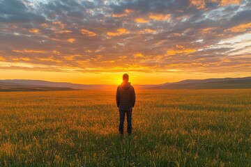 Fototapeta premium A solitary figure stands in a vast field, gazing at a breathtaking sunset with vibrant colors illuminating the horizon.