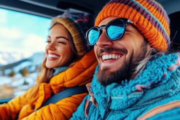 A cheerful couple enjoying a road trip, wearing colorful and warm attire, happily posing in a vehicle against a scenic background, highlighting the essence of joy and adventure.