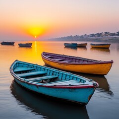 Fototapeta premium Colorful boats on a calm lake at sunrise