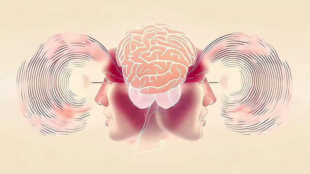 Human mind presented in for on mirrored face sharing a brain with waves of thought coming out of it. Light coloured background with pinkish illustration, video
