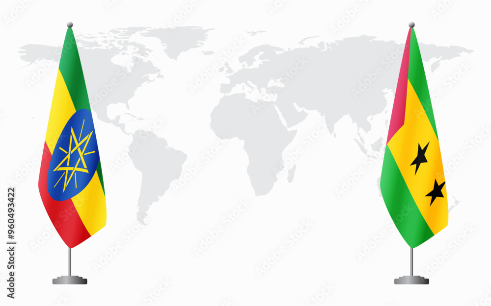 Wall mural Ethiopia and Sao Tome and Principe flags for official meeting against background of world map.