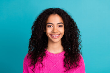 Obraz premium Portrait of nice young girl beaming smile wear pink pullover isolated on turquoise color background