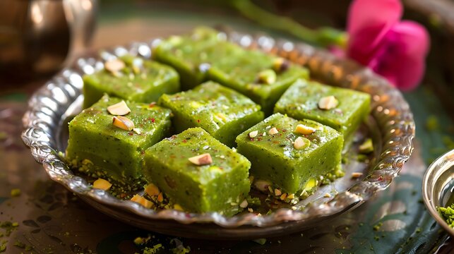 Dessert called kaju pista burfi prepared with kaju pistachios and mava